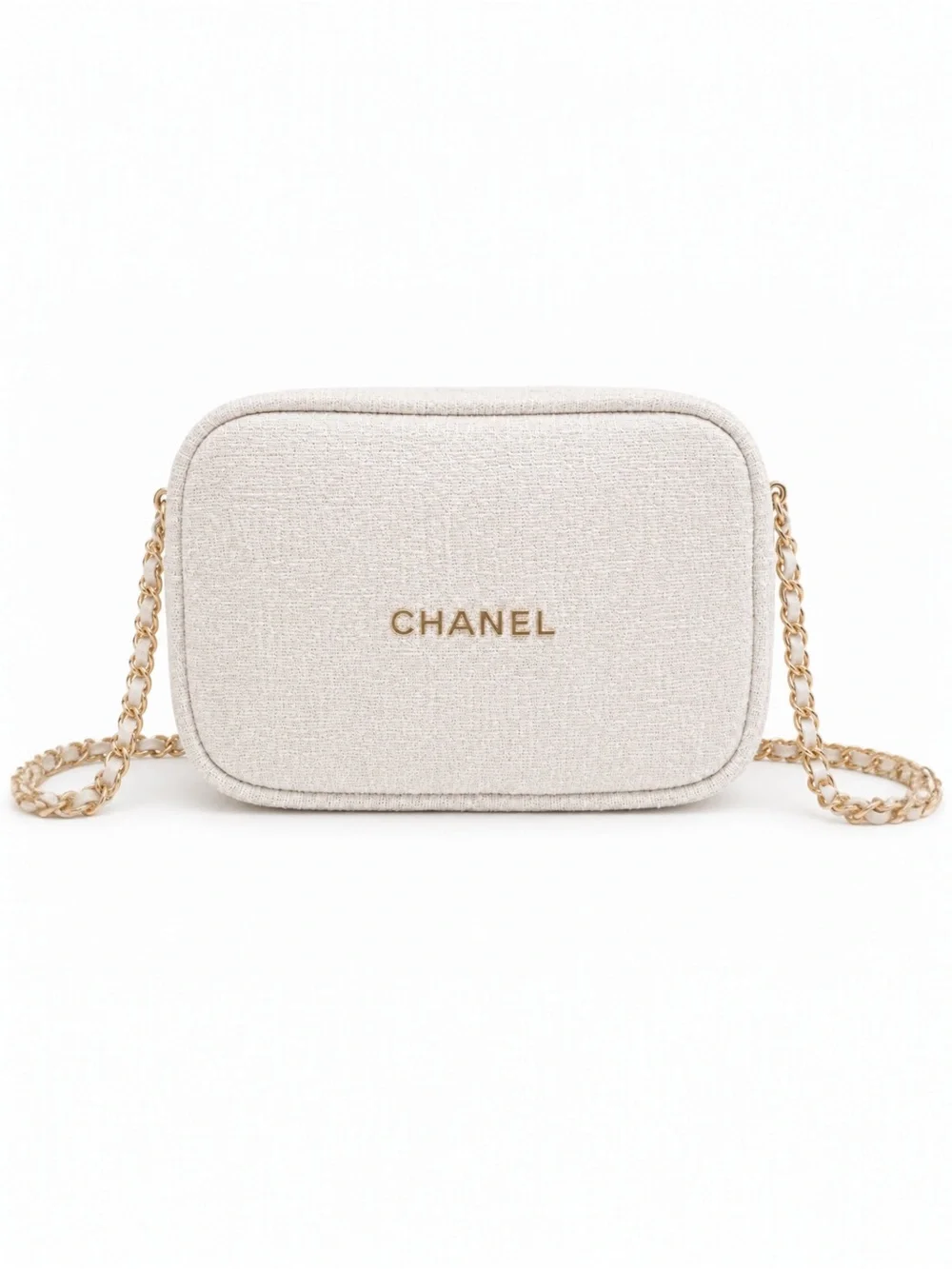 Chanel Beauté Cream Tweed Cosmetic Bag with Unbranded Gold Chain Crossbody NWT